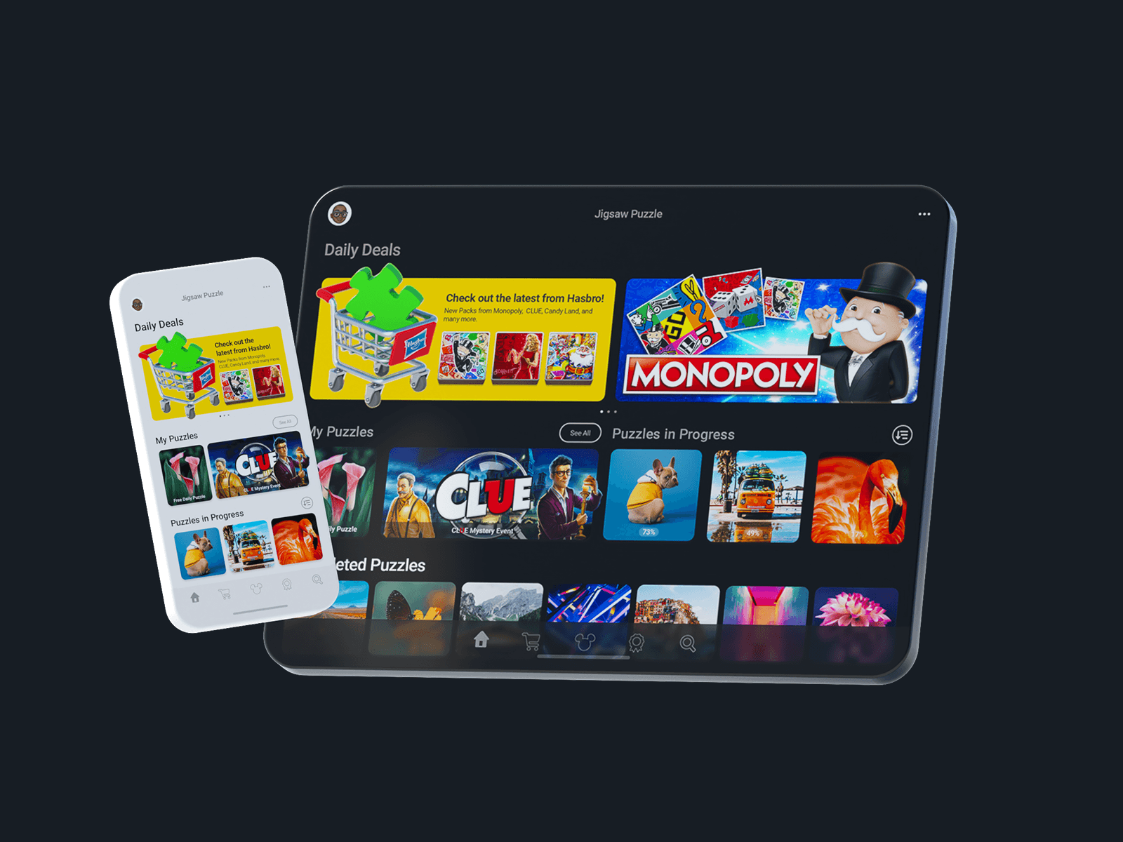 Puzzle store UI on mobile and tablet, displaying daily deals, Monopoly puzzles, and personalized sections.