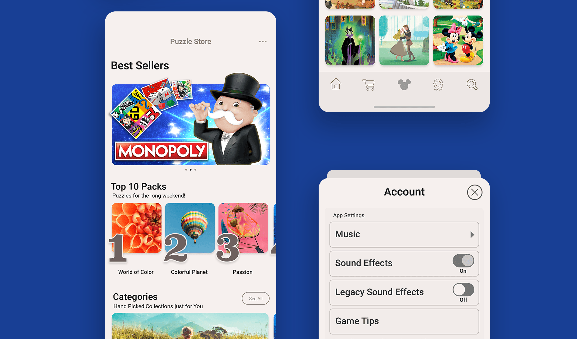 Five mobile screens showcasing puzzle store UI themes, best sellers, Disney packs, and account settings.