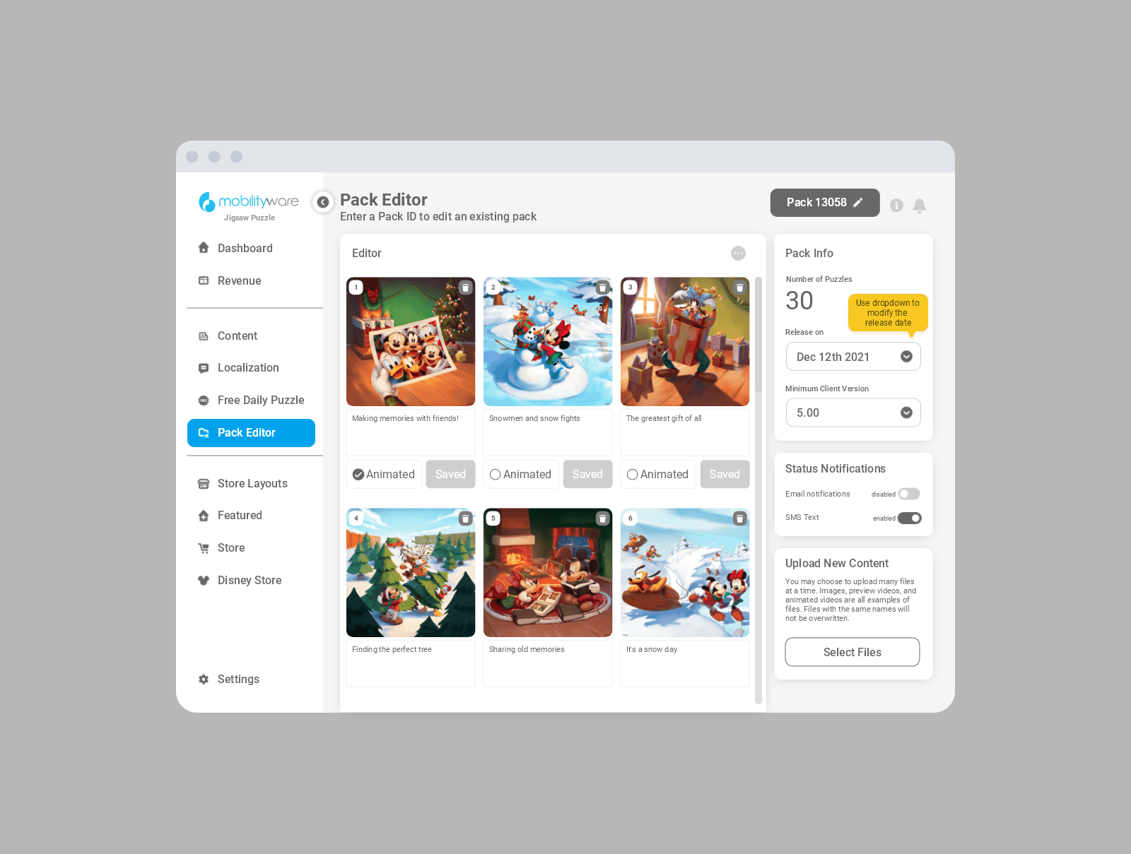 A content management tool for editing puzzle packs, setting release dates, and uploading new content.