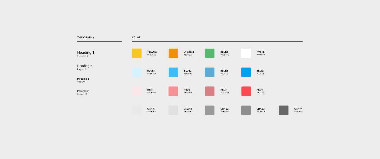 A design system reference sheet displaying typography styles and a color palette with hex codes.