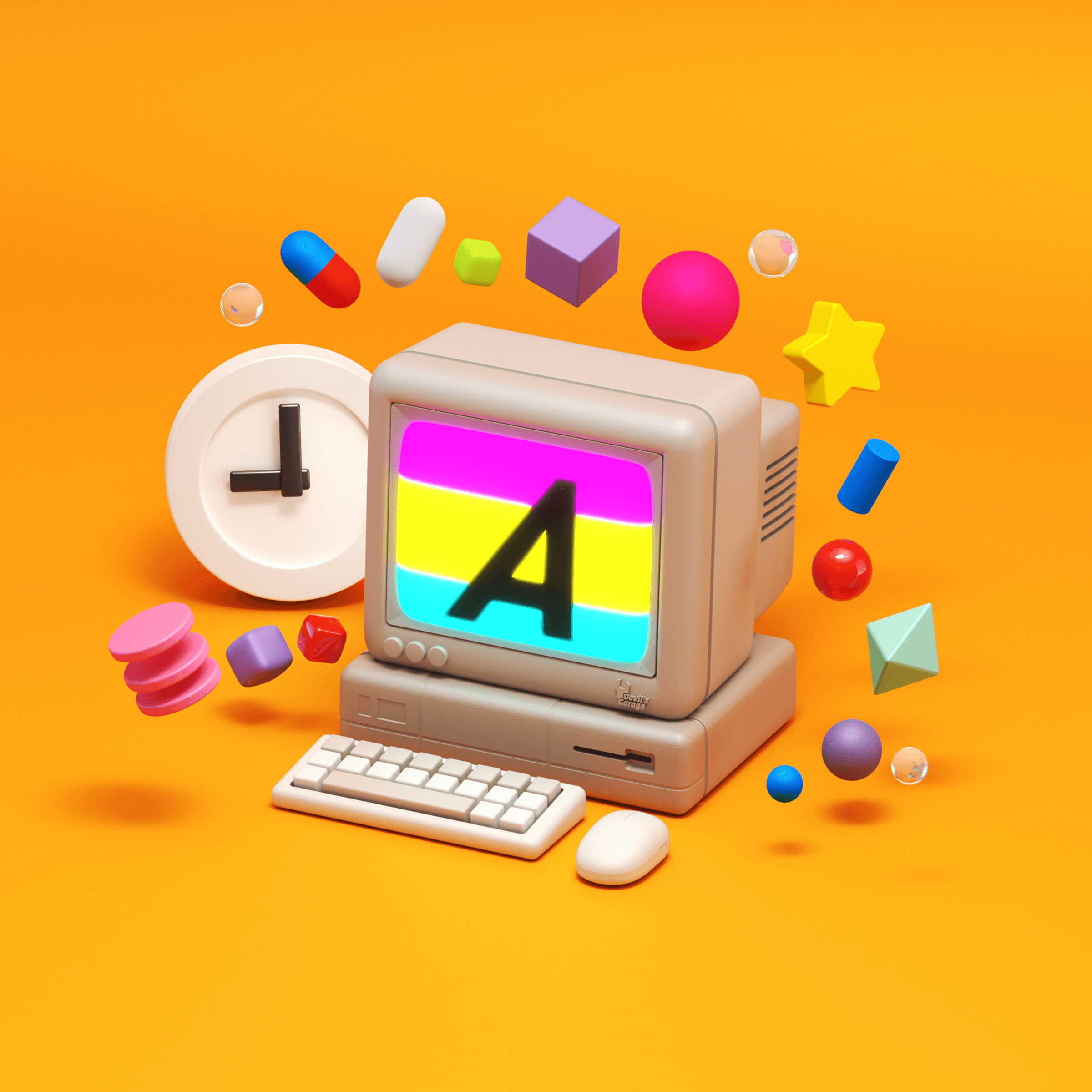 a retro computer with a keyboard and mouse on a yellow background. The computer screen displays the letter "A" in colorful stripes. There are various colorful 3d objects floating around it, including pills, primitive shapes, and stars. There is a clock showing 9:00 in the background. 