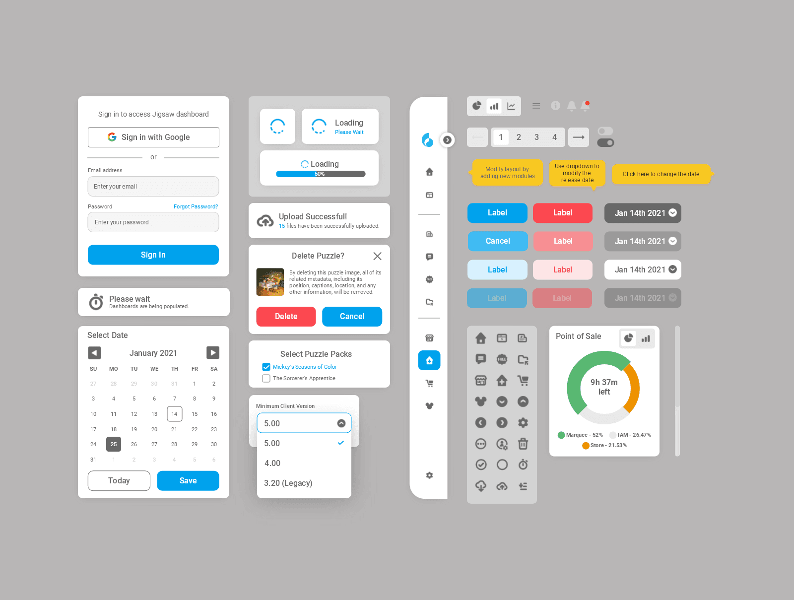 Various UI components including forms, buttons, toggles, and data visualizations on a gray background.
