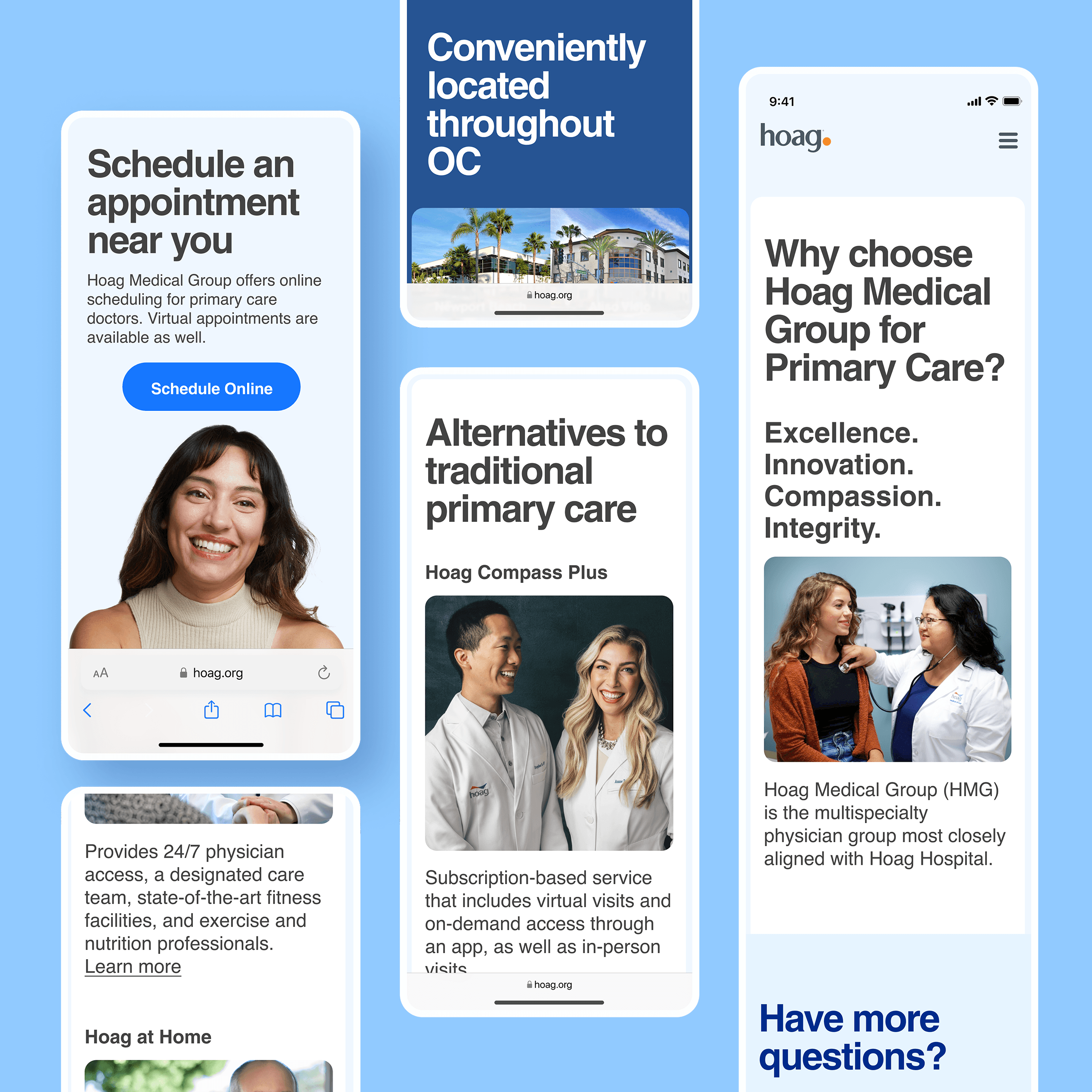 Screenshots of a website on a mobile layout with information about Hoag Medical Group's primary care services.  The banner includes text about scheduling appointments, virtual appointments, and the benefits of choosing Hoag. There are also links to their website and Hoag Compass Plus.