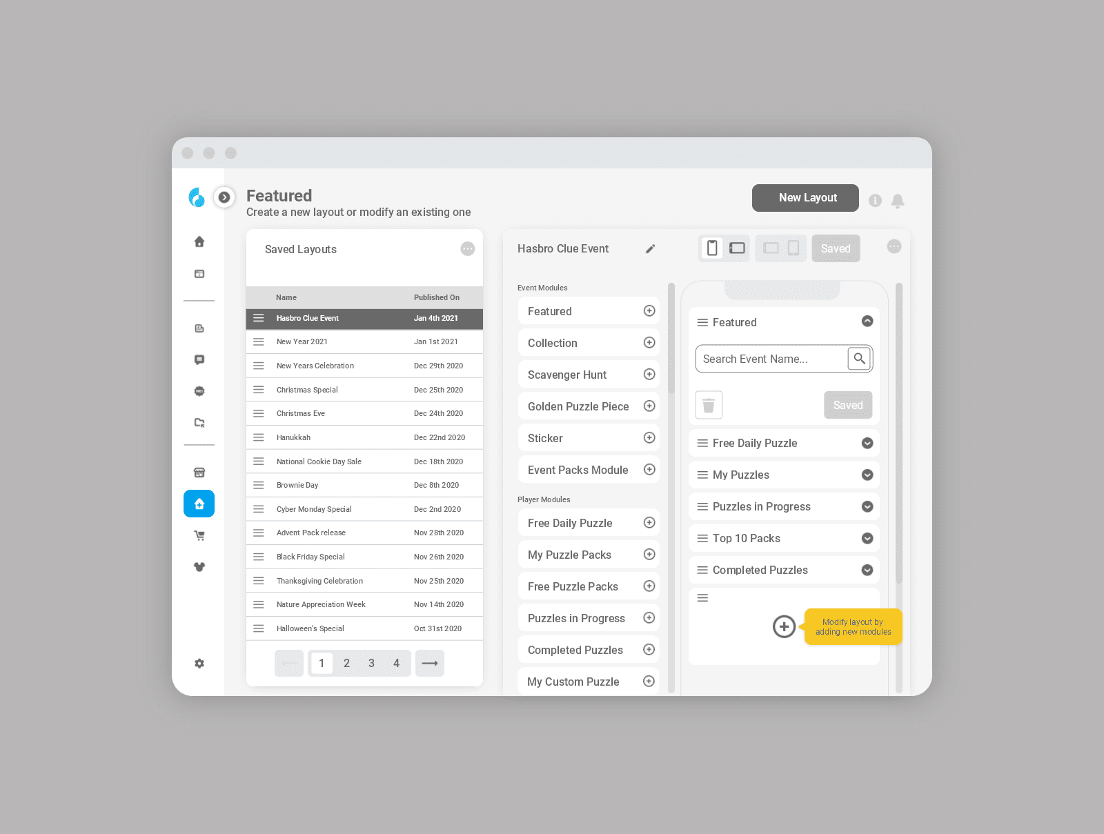 A UI tool for managing and modifying puzzle event layouts with saved templates and customization options.