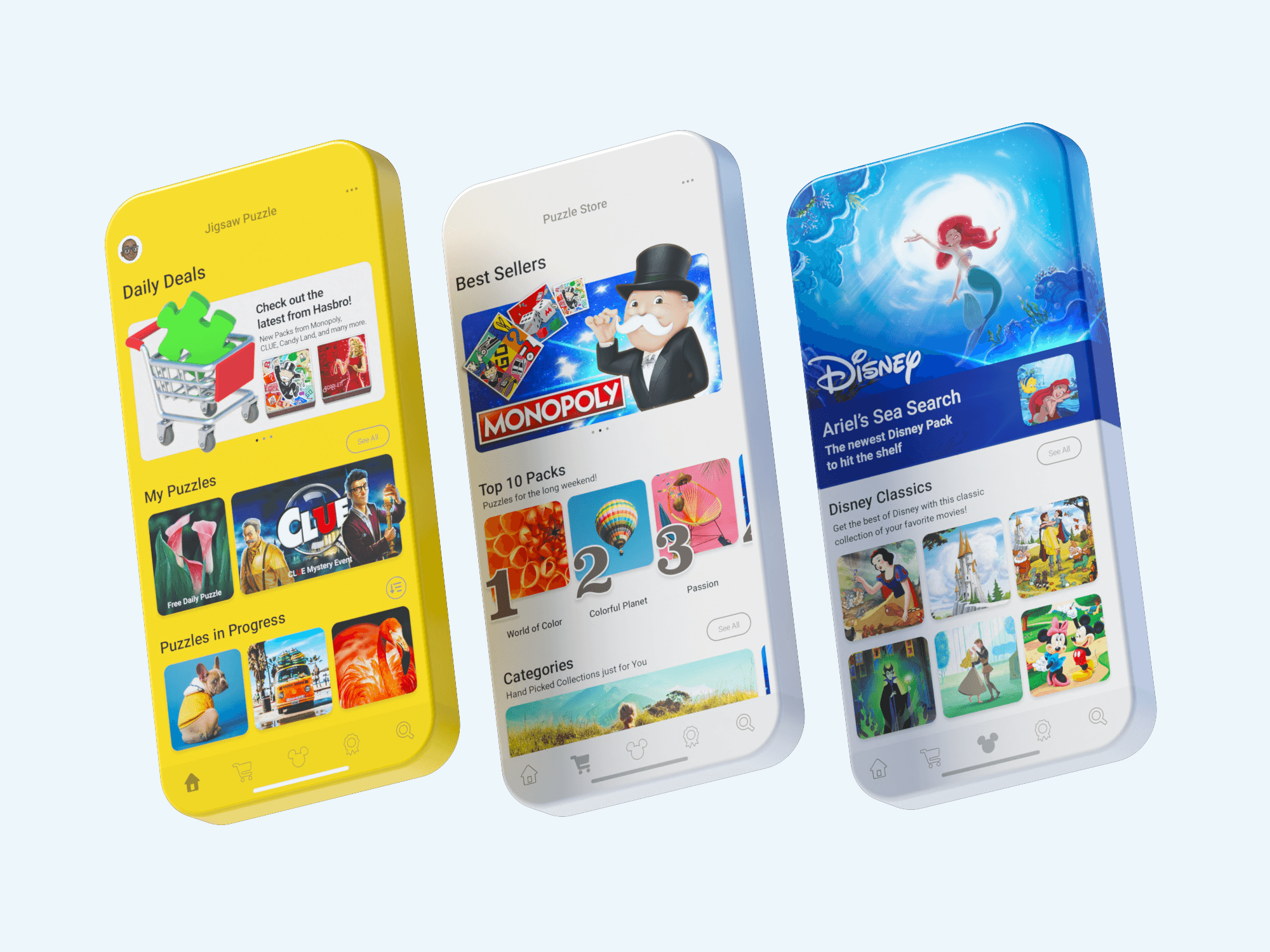 Three mobile UI screens showcasing puzzle store layouts with daily deals, best sellers, and Disney packs.