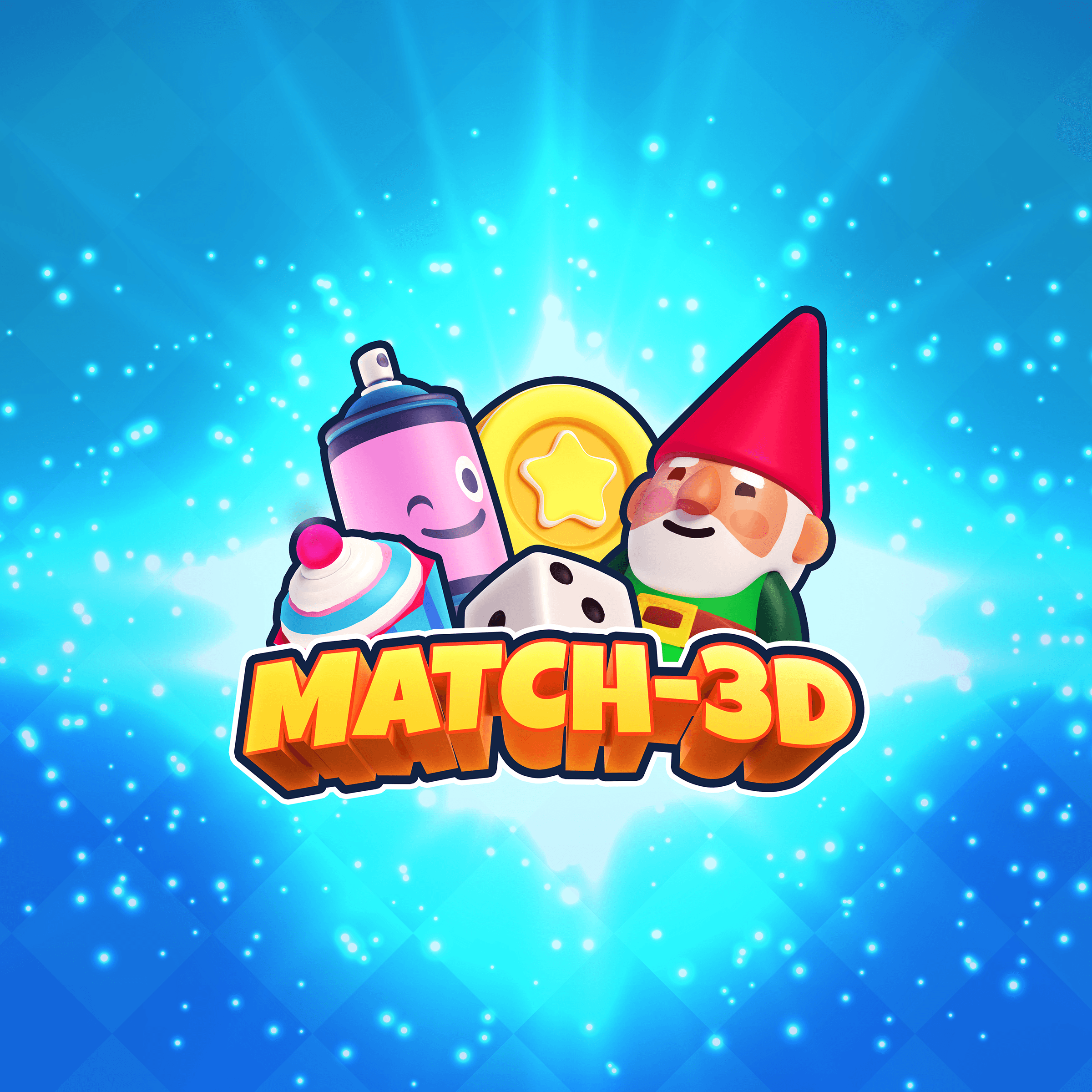 a vibrant, cartoon-style image of a match-3 game. The title "Match-3D" is displayed in bold letters, that overlays a few objects like a spray can, a muffin with a cherry on top, a golden coin with a star on it, a single die, and a gnome. The background is bright blue with sparkling stars originating from the center.