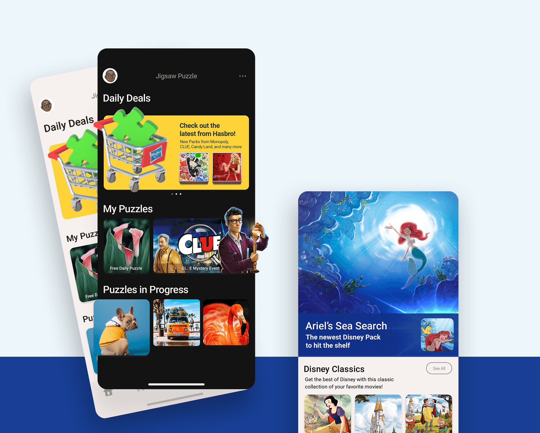 Five mobile screens showcasing puzzle store UI themes, best sellers, Disney packs, and account settings.