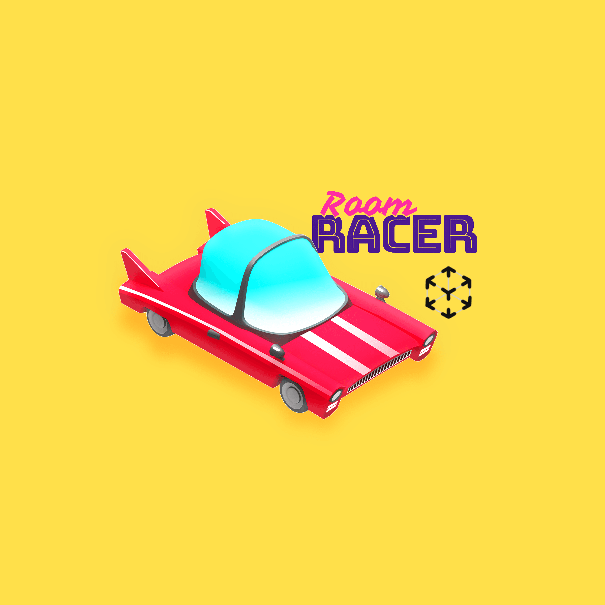 A red, futuristic-looking car with a blue windshield, hovering above a yellow background. The word "Room RACER" is written in bold letters above the car, and there's a symbol of arrows pointing in different directions.